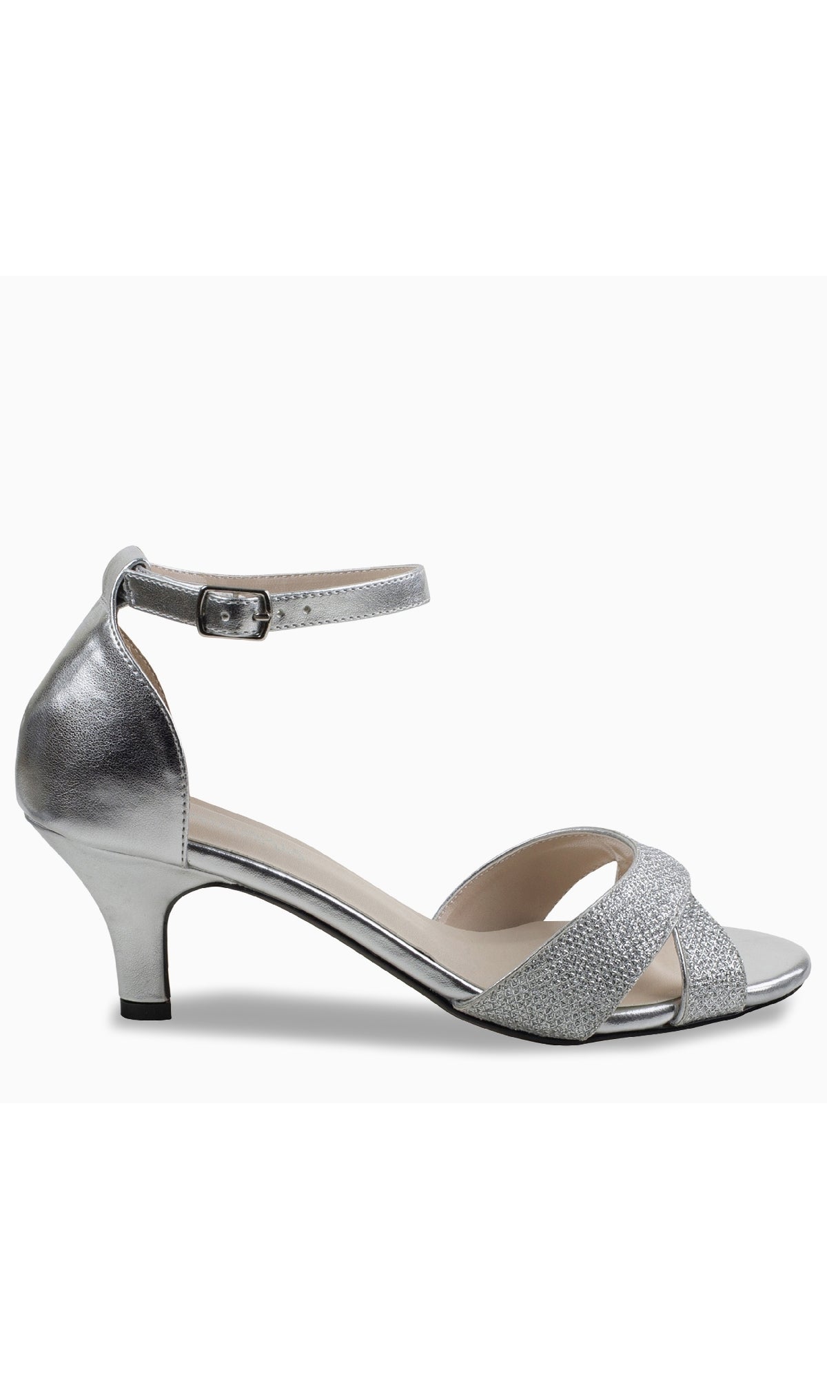 The Clementine Silver Glitter Prom Shoes: Touch Ups 4613 feature a low heel, open toe, ankle strap, and crisscross front—ideal for anyone wanting stylish, comfortable low-heel shoes for prom.